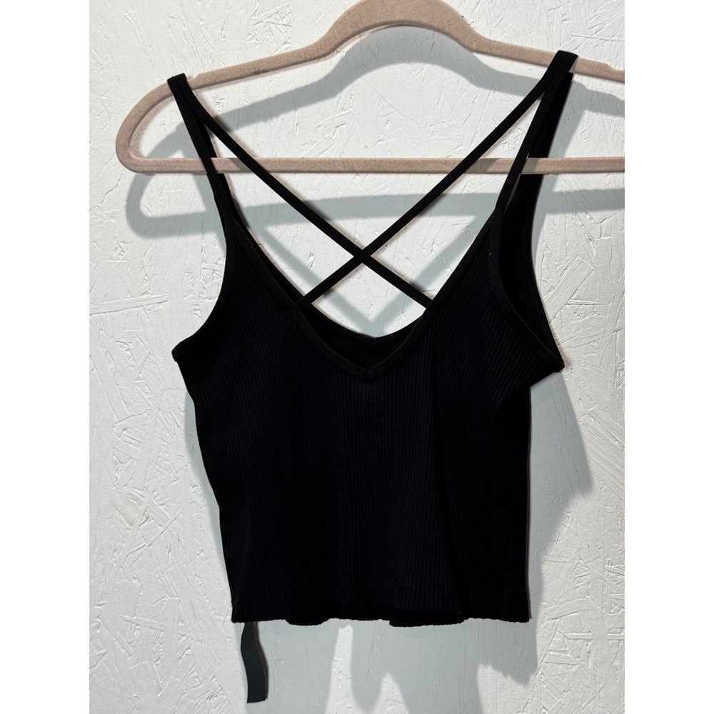 Vuori Women Black Rib Crop Tank Top V-Neck Double Cross Back Strap Size S - Picture 4 of 5